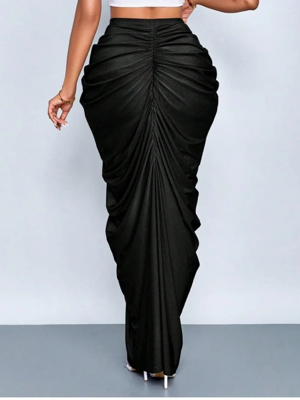 NWOT Women's Cocktail Bodycon High Waisted Fishtail Maxi Skirtruched,long Black